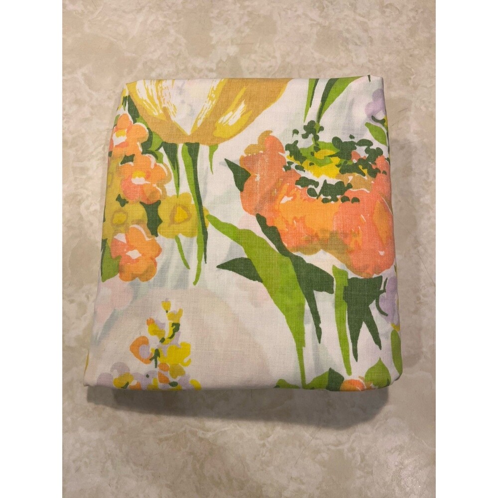 VTG Cannon No Iron Full Fitted Sheet 70s Tulips Floral Orange Yellow Green Craft